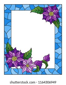 Illustration in stained glass style with frame with abstract purple flowers on blue background, rectangular image