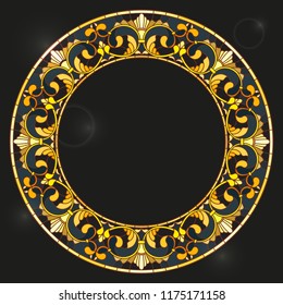 Illustration in stained glass style frame with floral,golden flowers and leaves on a dark background