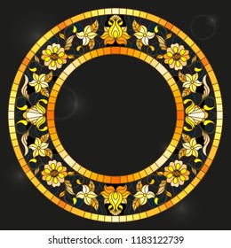 Illustration in stained glass style frame with floral,golden flowers and leaves on a dark background