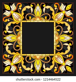 Illustration in stained glass style frame with floral,golden flowers and leaves on a dark background,rectangular image