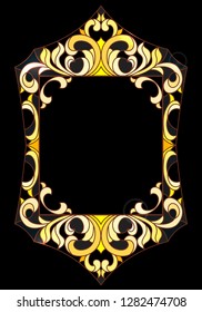 Illustration in stained glass style frame with floral,golden flowers and leaves on a dark background