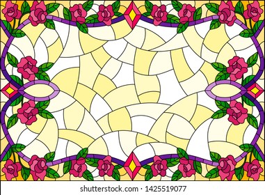 Illustration in stained glass style with a frame of pink intertwined roses on a yellow background
