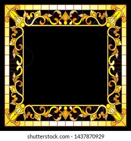Illustration in stained glass style frame with floral,golden flowers and leaves on a dark background,rectangular image
