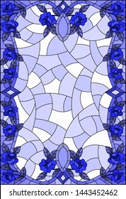 Illustration in stained glass style with a frame of  intertwined roses and leafs, tone blue 