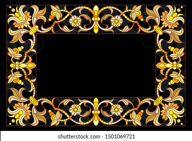 Illustration in stained glass style frame with floral,golden flowers and leaves on a dark background,rectangular image