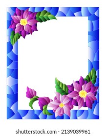 Illustration in stained glass style with frame with abstract purple flowers on blue background, rectangular image