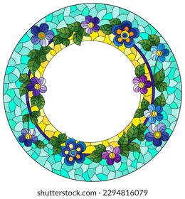 Illustration in the stained glass style with a frame with bright flowers on a blue background, round image