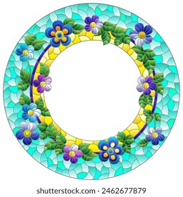 Illustration in the stained glass style with a frame with bright flowers on a blue background, round image