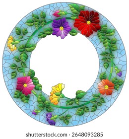 Ilustração no estilo de vidro manchado com um quadro com flores brilhantes em um fundo azul, imagem redonda