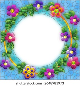 Ilustração no estilo de vidro manchado com um quadro com flores brilhantes em um fundo azul, imagem retangular