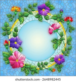 Ilustração no estilo de vidro manchado com um quadro com flores brilhantes em um fundo azul, imagem retangular