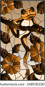 Illustration in stained glass style with a frog on plant branches background with flowers and leaves  on sky background, tone brown