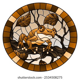 Illustration in stained glass style with a frog on plant branches background with leaves  on sky background, round image in bright frame, tone brown