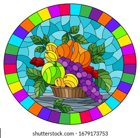 Illustration in stained glass style with a fruit still life , ripe berries and fruit in a basket on a table on a blue background, oval image in bright frame