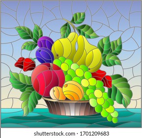 Illustration in stained glass style with a fruit still life , ripe berries and fruit in a basket on a table on a blue background