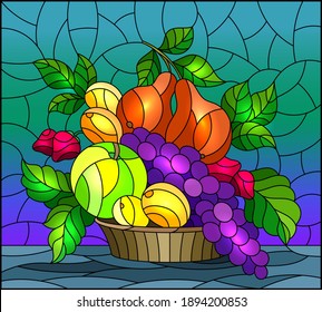 Illustration in stained glass style with a fruit still life , ripe berries and fruit in a basket on a table on a blue background