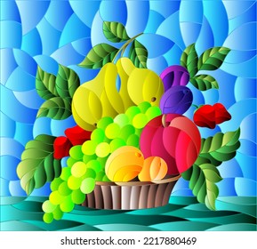 Illustration im Stil eines Buntglases mit einem Stillleben der Früchte, reifen Beeren und Früchten in einem Korb auf blauem Hintergrund