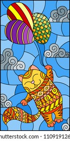 Illustration in stained glass style with funny red cat flying on balloons on the background of sky and clouds