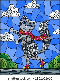 Illustration in stained glass style with funny grey cartoon cat on rollers, on the background of the road and the sky with clouds