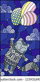 Illustration in stained glass style with funny grey cat flying on balloons on the background of starry sky and clouds