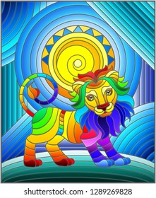 Illustration in stained glass style with funny rainbow lion and sun on abstract background