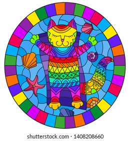 Illustration in stained glass style with a funny rainbow  cat sunbathingon an inflatable mattress in the middle of the waves and  shells, oval image in bright frame