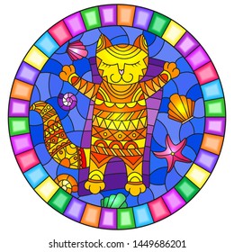 Illustration in stained glass style with a funny red  cat sunbathingon an inflatable mattress in the middle of the waves and  shells, oval image in bright frame