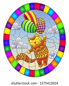 Illustration in stained glass style with funny red cat flying on balloons on the background of sky and clouds,  oval image in bright frame