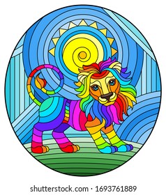 Illustration in stained glass style with funny rainbow lion and sun on abstract background, oval image