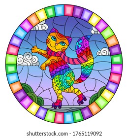 Illustration in stained glass style with funny rainbow cartoon cat on rollers, on the background of the road and the sky with clouds, oval image in bright frame
