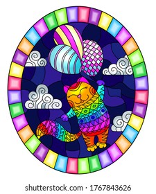 Illustration in stained glass style with funny rainbow cat flying on balloons on the background of night sky and clouds, oval image in bright frame