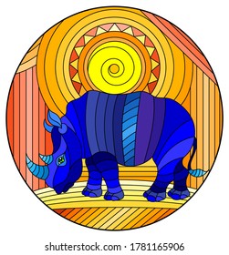 Illustration in stained glass style with funny blue rhino and sun on abstract orange background, oval image