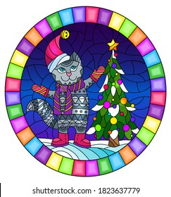 Illustration in stained glass style with funny grey cat in Santa hat and Christmas tree on a background of snow and sky, oval image in bright frame 