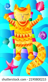 Illustration in stained glass style with a funny cat sunbathingon an inflatable mattress in the middle of the waves and  shells