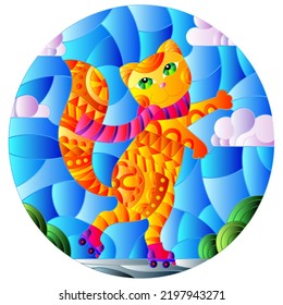 Illustration in stained glass style with funny red cartoon cat on rollers, on the background of the road and the sky with clouds, oval image 