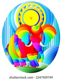 Illustration in stained glass style with funny rainbow elephant and sun on abstract background , oval image