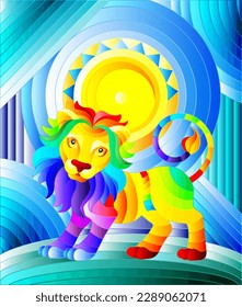 Illustration in stained glass style with funny rainbow lion and sun on abstract background