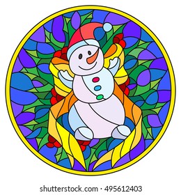 Illustration in stained glass style with a funny snowman, ribbon and Holly branches  on a blue background, round picture frame