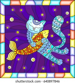 Illustration in stained glass style with funny  cat hugging a fish on a blue background with stars,in a bright frame