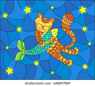 Illustration in stained glass style with funny red cat hugging a fish on a blue background with stars