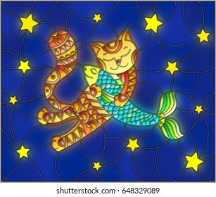 Illustration in stained glass style with funny red cat hugging a fish on a blue background with stars