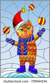 Illustration in stained glass style with funny cat in Santa hat juggling Christmas decorations on a background of snow and sky