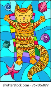 Illustration in stained glass style with a funny cat sunbathingon an inflatable mattress in the middle of the waves and  shells