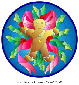 Illustration in stained glass style with a gingerbread man, ribbon and Holly branches  on a blue background, round picture frame