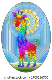 Illustration in stained glass style giraffe abstract rainbow geometric background with sun, oval image