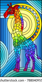 Illustration in stained glass style giraffe abstract rainbow geometric background with sun