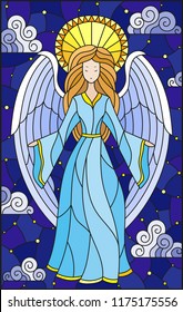 Illustration in stained glass style with girl angel in blue dress on  background of starry sky and clouds