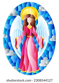 Illustration in stained glass style with girl angel in pink dress on background of sky and clouds, oval image 