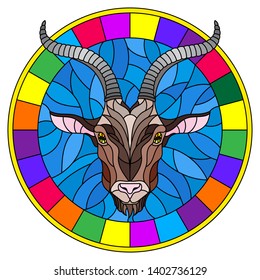 Illustration in stained glass style with goat head in round frame on white background