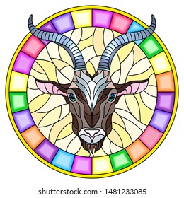 Illustration in stained glass style with goat head in round frame on white background